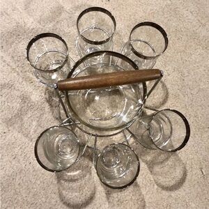 Vintage MCM Glass Dorothy Thorpe bar ware  Set with Wooden Handle glasses/bucket